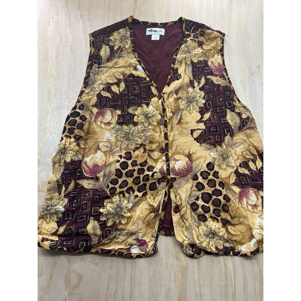 We Be BOP Sz 3x‎ WILD Batik Rayon Camp Patchwork Vest Fall Browns Golds Beaded